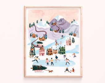 Winter Village Art Print - Sabina Fenn Illustration - Snowy Mountains Landscape - Watercolor Gouache Painting - Wall Decor - Seasonal Art