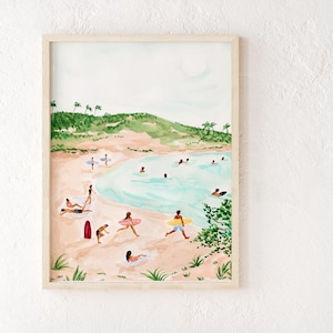 Beach Wall Art Print: Watercolor Surfers - Soft Summer Palette