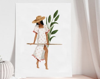 Sophia Art Print - Sabina Fenn Illustration - Beach Woman and tropical plants - Watercolor and gouache painting - summer fashion decor