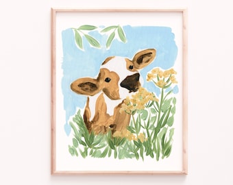 Baby Cow Art Print, Calf Wall Art, Farmhouse Decor, Farm Art, Cow Painting, Nursery Wall Art, Kids Room Decor, Animal Art Prints, Animal Art