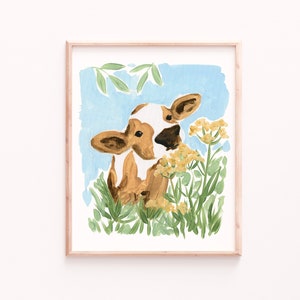 Baby Cow Art Print, Calf Wall Art, Farmhouse Decor, Farm Art, Cow Painting, Nursery Wall Art, Kids Room Decor, Animal Art Prints, Animal Art