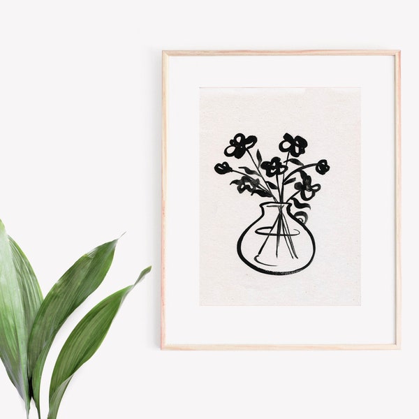 Minimalistischer Blumendruck, Schwarz-Weiß-Drucke, Blumen in einer Vase, Vintage Blumendruck, Boho Wandkunst, Wohnzimmer Dekor