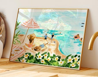 Coastal Ocean Print: Family Beach Day (Tropical Wall Decor)