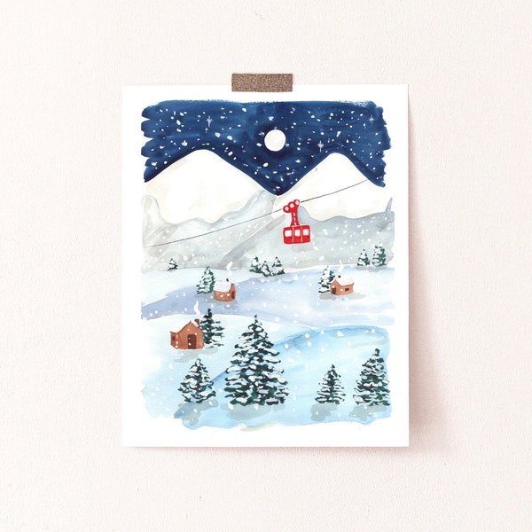 A Quiet Winter Night Art Print - Sabina Fenn Illustration - Holiday Christmas Watercolor Gouache Painting - Wall Decor