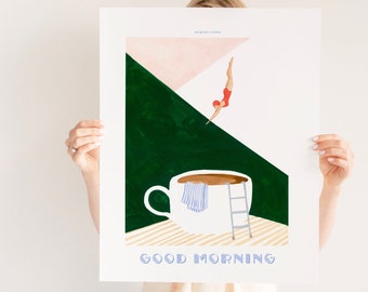 PRINTABLE Coffee Poster Print, Good Morning Coffee Diver, Retro Diver Art, Kitchen Wall Art