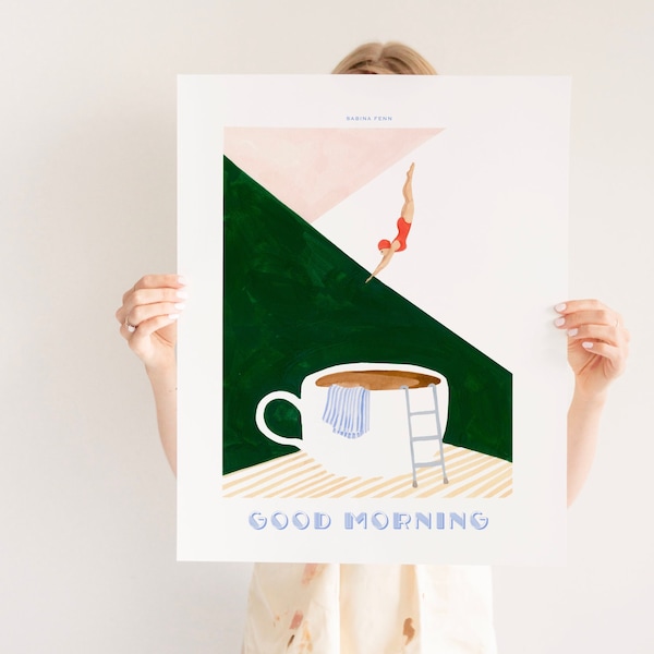 PRINTABLE Coffee Poster Print, Good Morning Coffee Diver, Retro Diver Art, Kitchen Wall Art