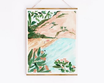 Beach Day Art Print - Sabina Fenn Illustration -  Watercolour painting - Surfing Tropical Getaway - Botanical Leafy Wall Art