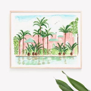 Pink Hotel Art Print, Chic Tropical Moroccan Hotel Hand Painted Palm Trees Landscape, Watercolor Wall Art, Sabina Fenn Illustration