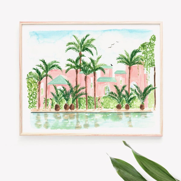 Lámina artística de palmeras tropicales rosas, estilo hotel marroquí (acuarela, varios tamaños)