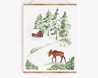Winter Cottage Art Print - Sabina Fenn Illustration - Holiday Christmas Winter Watercolor Gouache Painting - Canadian Moose Landscape