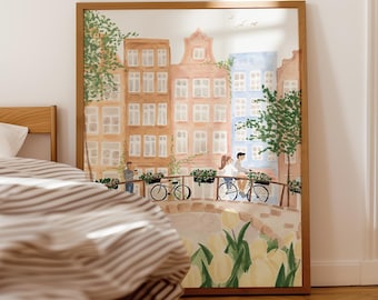 Amsterdam Kunstdruck – Pastellfarbene Kanallandschaft mit Tulpen