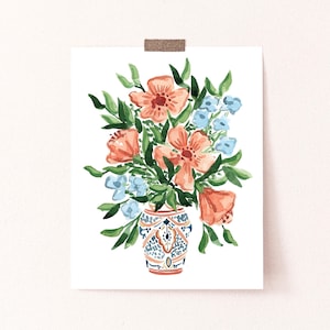 Peachy Florals Art Print, Moroccan Inspired Pattern Ceramic Flower Bouquet Arrangement Vase, Watercolor Painting, Sabina Fenn Illustration