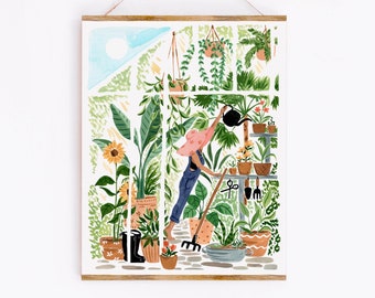 Greenhouse Garden Art Print - Gardening Spring Art - Peaceful Botanical Tropical Artwork  - Watercolor Gouache, Gardening Gift for Mom