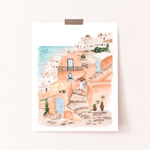 Santorini Art Print, Griekenland print, reizen kunst aan de muur, reizen print, kust muur decor, boho chic muur kunst, perzik esthetiek, Sabina Fenn