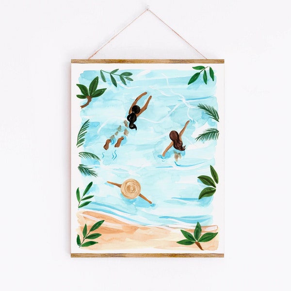 Lámina artística de bañistas de verano - Ilustración de acuarela de playa tropical