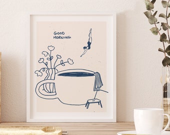 Coffee Diver Art Print, Retro Swimmer Design