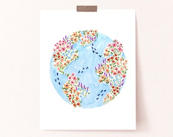 Blue Planet Art Print, Floral Wall Art, Earth Print, Botanical Wall Art, Earth Day Art, Painting Wall Decor, Nursery Art, Bedroom Wall Art