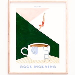 Póster de Coffee Diver, café de buenos días, arte retro de buceador, arte de pared de cocina, arte de estación de café, impresiones Art Deco, regalos para amantes del café