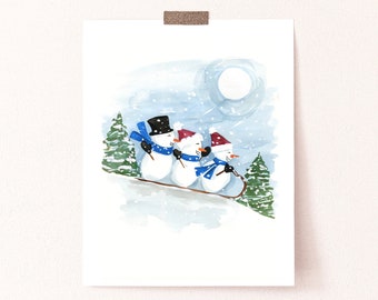 Trineo Snowmen Art Print - Sabina Fenn Ilustración - Navidad Acuarela Gouache Painting - Decoración de pared