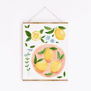 Lemons and Flowers Art Print - Sabina Fenn Illustration - Fruit and Flowers Gouache Painting Wall Decor - Perfect for kitchen dining room