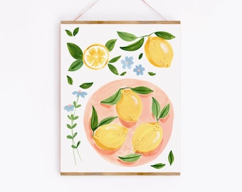 Lemons and Flowers Art Print - Sabina Fenn Illustration - Fruit and Flowers Gouache Painting Wall Decor - Perfect for kitchen dining room