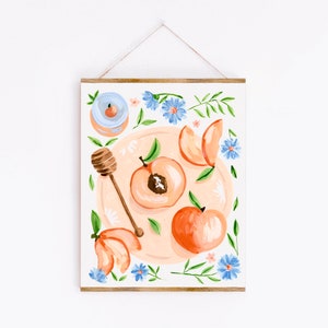 Peaches and Honey Art Print - Sabina Fenn Illustration - Fruit and Flowers Gouache Painting Wall Decor - Perfect for kitchen dining room