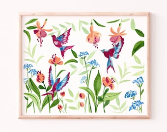 ハチドリのアートプリント：鮮やかな鳥の絵画