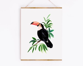 Toucan Art Print, Tropical Bird Painting and Botanical Leaves, Jungle Bird Minimal Drawing, Giclee, Sabina Fenn Illustration