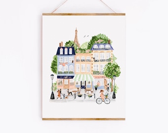 Paris Art Print, Illustration de scène parisienne, Personnes et vélos, Bâtiments, Café, Tour Eiffel, Peinture à l'aquarelle, Sabina Fenn