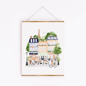 Paris Art Print, Illustration de scène parisienne, Personnes et vélos, Bâtiments, Café, Tour Eiffel, Peinture à l'aquarelle, Sabina Fenn image 1