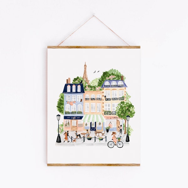 Paris Art Print, Illustration de scène parisienne, Personnes et vélos, Bâtiments, Café, Tour Eiffel, Peinture à l'aquarelle, Sabina Fenn