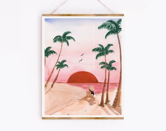 Sunset Dreamer II Art Print, Tropical Pink and Red Beach Wall Art, Boho Travel Tropical Watercolor Art Prints, Sabina Fenn Illustration