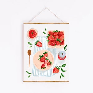 Sweet Strawberries Art Print, Summer Fruit Berries and Tea Towel Watercolor Painting, kitchen dining room office, Sabina Fenn Illustration