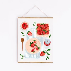 Süße Erdbeeren Kunstdruck, Sommer Obst Beeren und Geschirrtuch Aquarell Malerei, Küche Esszimmer Büro, Sabina Fenn Illustration