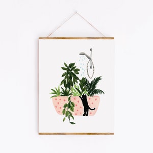 植物アートプリント、黒猫、植物浴、水彩画プリント、植物への水やり、庭、ボヘミアンシックな壁アート、熱帯植物、寝室プリント