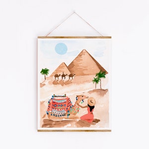 カイロ アート プリント / エジプト アート / 砂漠の絵画 / 旅行アート プリント / 女性と動物 / 水彩画のラクダ / ニュートラル ウォール アート / サビーナ フェン