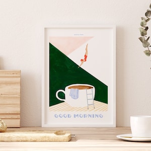 Coffee Diver Art Print – Surreal Coffee Cup Poster, Fun Kitchen Wall Decor, Coffee Lover Gift, Diver in Coffee, Good Morning Artwork
