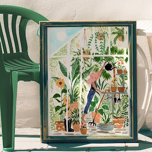 Lámina artística de invernadero botánico: Ilustración de una mujer en jardinería, regalo para amantes de las plantas, decoración floral para pared