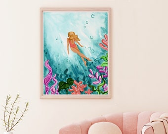 Ocean Art Print, Woman Swimming Underwater, Vibrant Wall Art