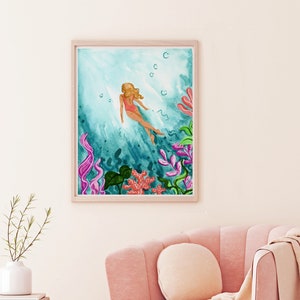 Ocean Art Print, Woman Swimming Underwater, Vibrant Wall Art