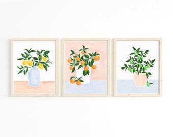 Kitchen Prints Set of 3 - Kitchen Wall Art Set - Kitchen Art Bundle - Fruit Wall Art - Lemons Limes and Oranges - Fruit Prints Set of 3