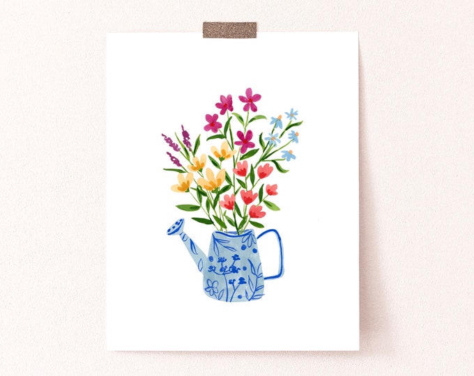 Spring Flowers Art Print, Watering Can Flower Bouquet Arrangement, Minimal Floral Wall Art, Watercolor Painting, Sabina Fenn Illustration