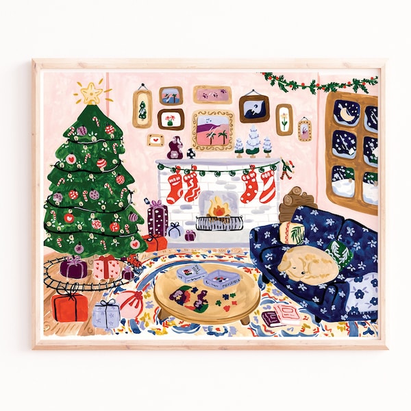 Christmas Living Room Art Print - Sabina Fenn Illustration - Holiday Christmas Watercolor Gouache Painting - Wall Decor - Seasonal Art