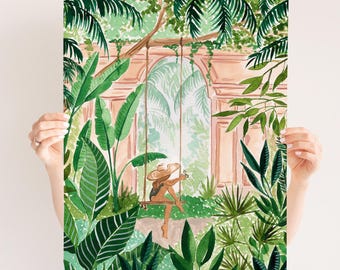 Tropical Boho Art Print - Watercolor Jungle with Woman