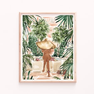 Tropical Art Print, Boho Chic Wall Decor, Watercolor Painting Art Print, Living Room Decor, Bathroom Wall Art, Summer Hat Woman, Chic Art