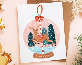 Printable Christmas Card, Reindeer Globe, Print at Home Greeting Cards, Xmas Downloads, Holiday Art