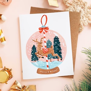 Printable Christmas Card, Reindeer Globe, Print at Home Greeting Cards, Xmas Downloads, Holiday Art