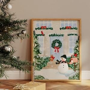 Winter Snowman Watercolor Art – Hand-Painted Snowman in Front of Cozy House – Holiday Decor, Winter Scene, Christmas Watercolor Art