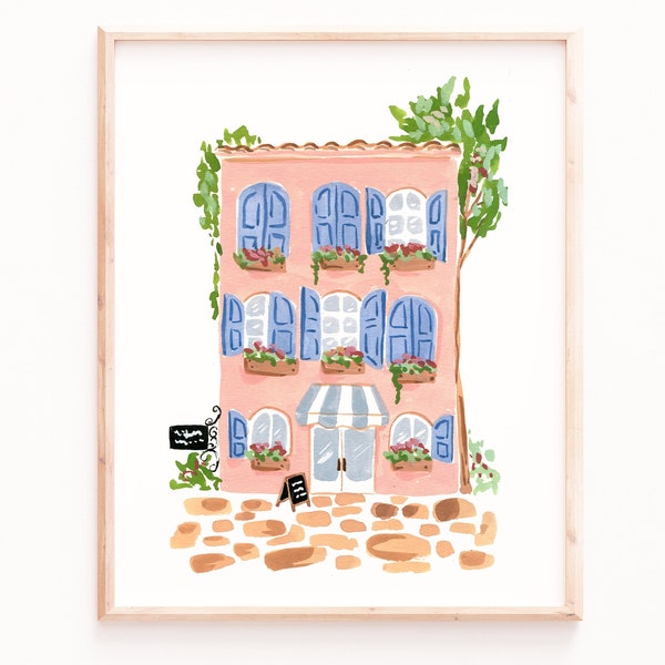 Impression de café, art mural de Paris, impression d'art de café parisien, impression d'art de café, art de mur de chambre à coucher, décor de cuisine, illustration de bâtiment rose