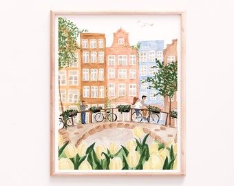 Impression d'art d'Amsterdam, peinture à l'aquarelle, illustration des Pays-Bas, estampes de voyage, art mural de printemps, vélos et tulipes, horizon d'Amsterdam